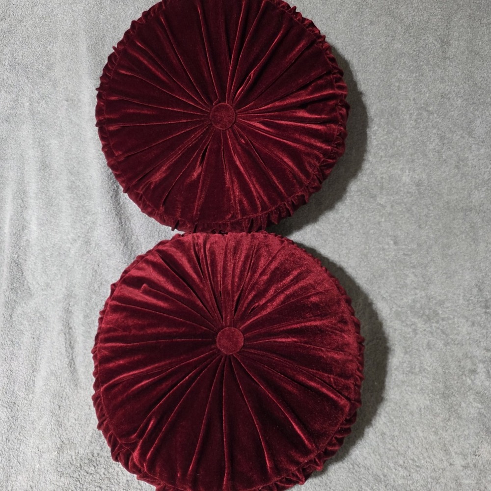 Set of 2 Vintage 70's Red Velvet Pintuck Tufted Throw Pillows